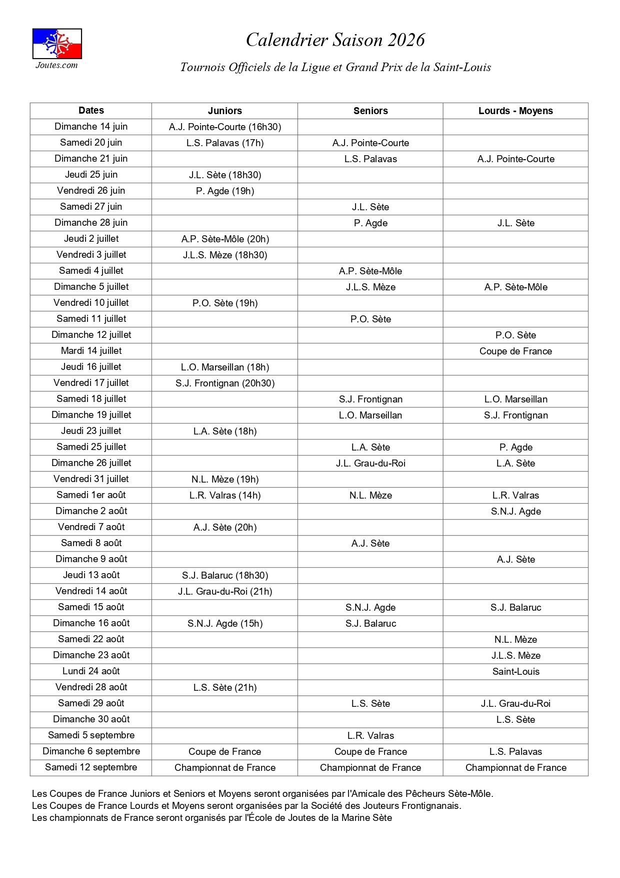 Les calendriers 2026 des joutes languedociennes